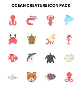 Ocean Creature Flat Bundle Icons Pack Stock Illustration