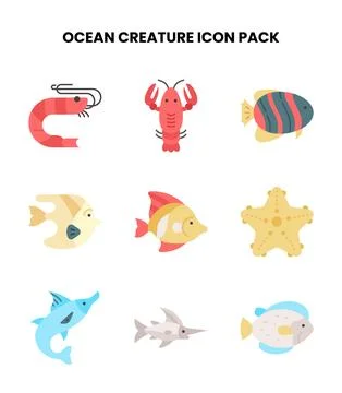 Ocean Creature Flat Graphics Icons Pack Stock Illustration