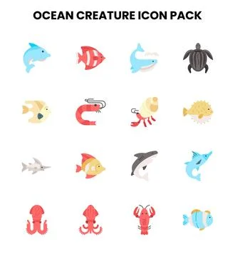 Ocean Creature Flat Icons Pack Stock Illustration