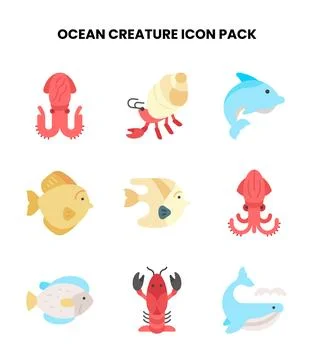 Ocean Creature Flat Icons Pack Stock Illustration