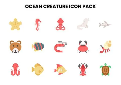 Ocean Creature Flat Set Icons Pack Stock Illustration