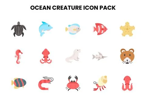 Ocean Creature Flat Vector Icons Pack Stock Illustration