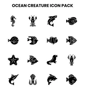 Ocean Creature Glyph Graphics Icons Pack イラスト素材
