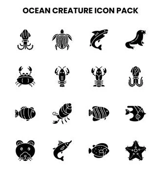 Ocean Creature Glyph Icons Pack イラスト素材