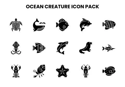 Ocean Creature Glyph Icons Pack Stock Illustration