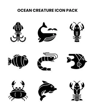 Ocean Creature Glyph Icons Pack Stock Illustration