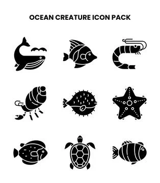 Ocean Creature Glyph Icons Pack イラスト素材
