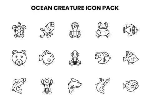 Ocean Creature Line Bundle Icons Pack Stock Illustration