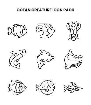 Ocean Creature Line Bundle Icons Pack Stock Illustration