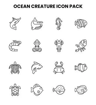 Ocean Creature Line Graphics Icons Pack Stock Illustration