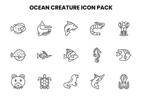 Ocean Creature Line Scalable Icons Pack Stock Illustration