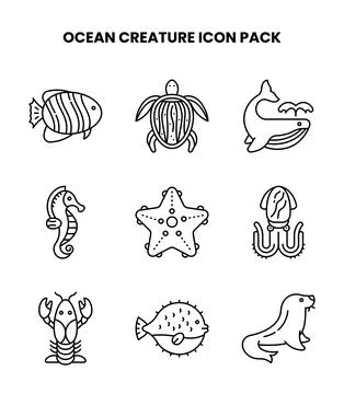 Ocean Creature Line Set Icons Pack Illustrazione stock