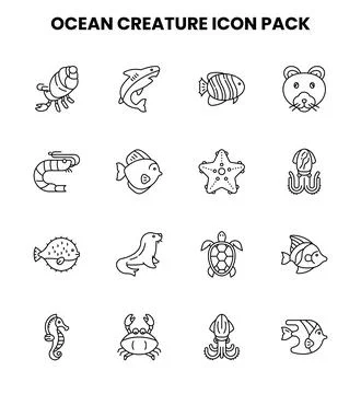 Ocean Creature Line UI Icons Pack Stock Illustration