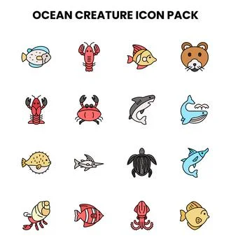 Ocean Creature Lineal Color Bundle Icons Pack Stock Illustration