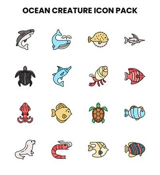 Ocean Creature Lineal Color Bundle Icons Pack Stock-Illustration