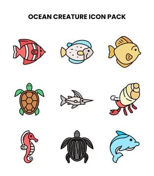 Ocean Creature Lineal Color Graphics Icons Pack Stock Illustration