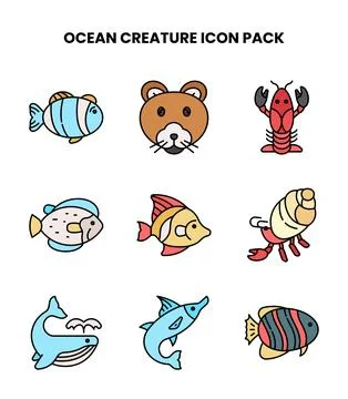 Ocean Creature Lineal Color Scalable Icons Pack Stock Illustration