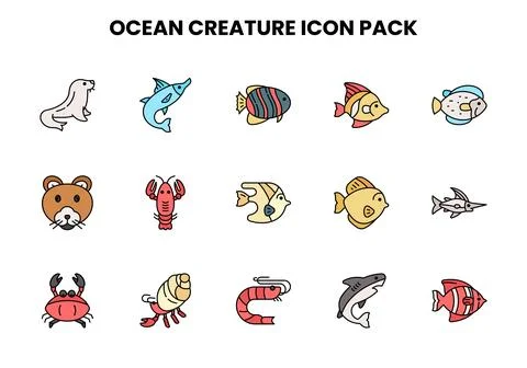 Ocean Creature Lineal Color UI Icons Pack Stock Illustration