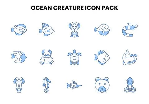 Ocean Creature Two Color Blue SVG Icons Pack Stock Illustration