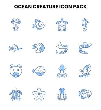 Ocean Creature Two Color Blue Vector Icons Pack イラスト素材