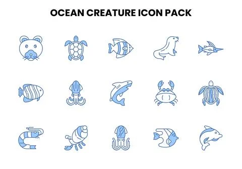 Ocean Creature Two Color Blue Design Icons Pack イラスト素材