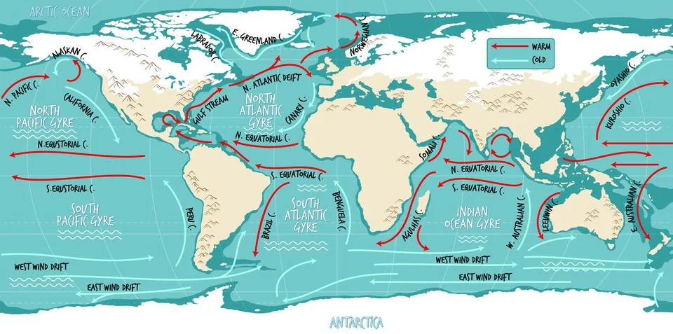 The ocean current world map with names Stock Illustration