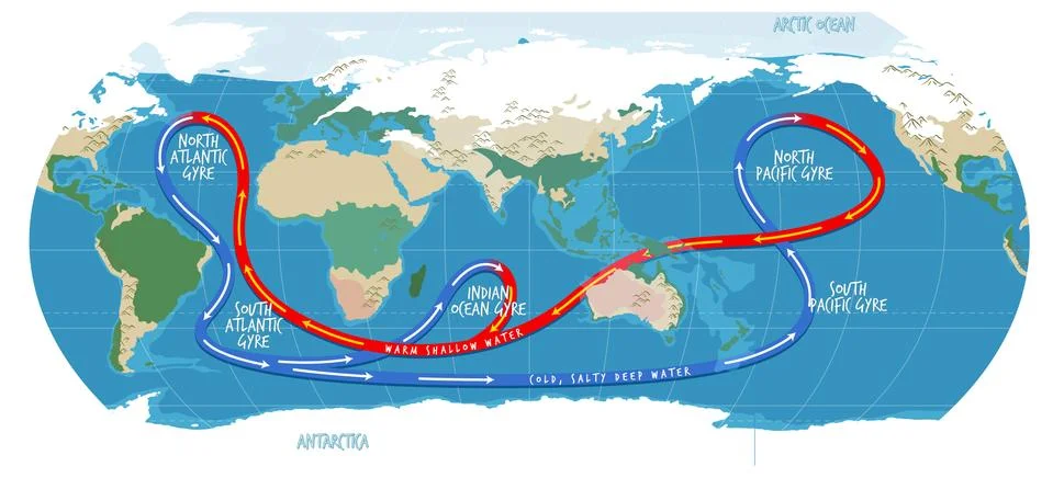 The ocean current world map with names Stock Illustration