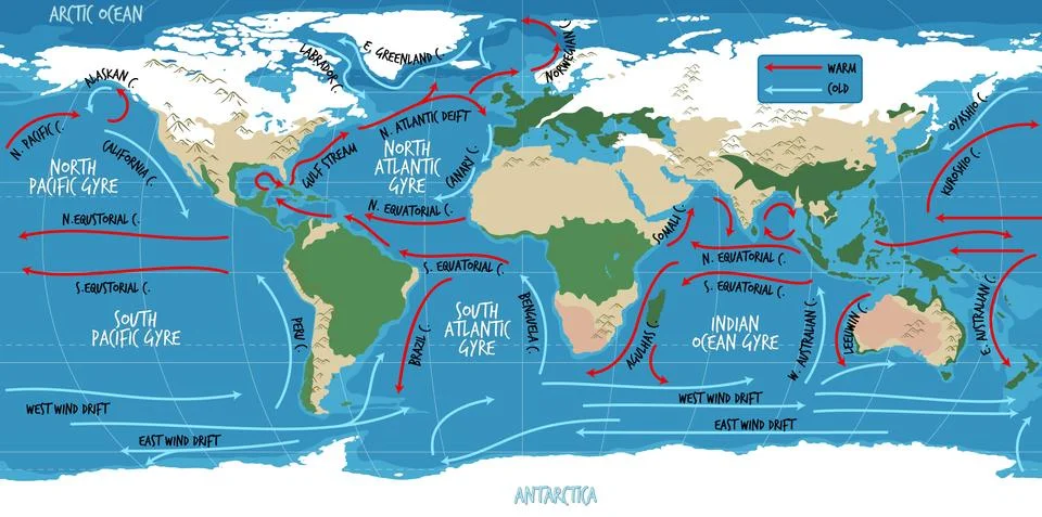 The ocean current world map with names Stock Illustration