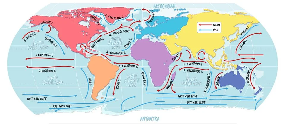 The ocean current world map with names Stock Illustration