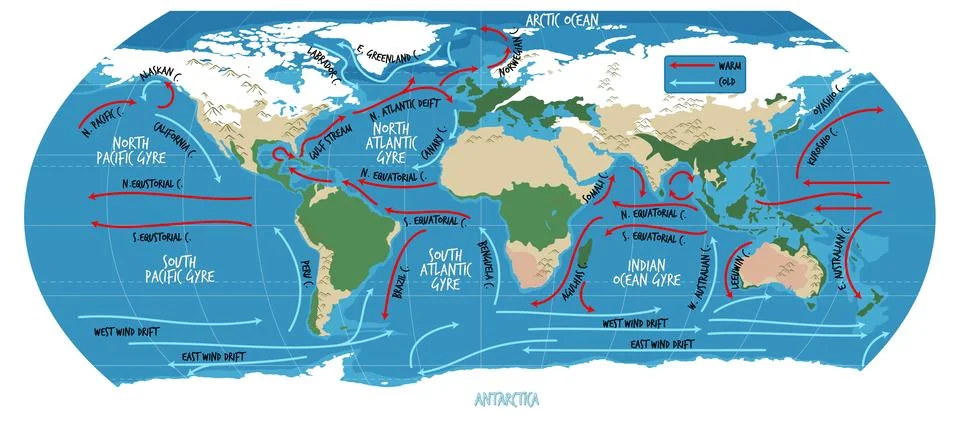 The ocean current world map with names Stock Illustration