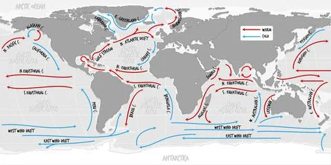 The ocean current world map with names Stock Illustration