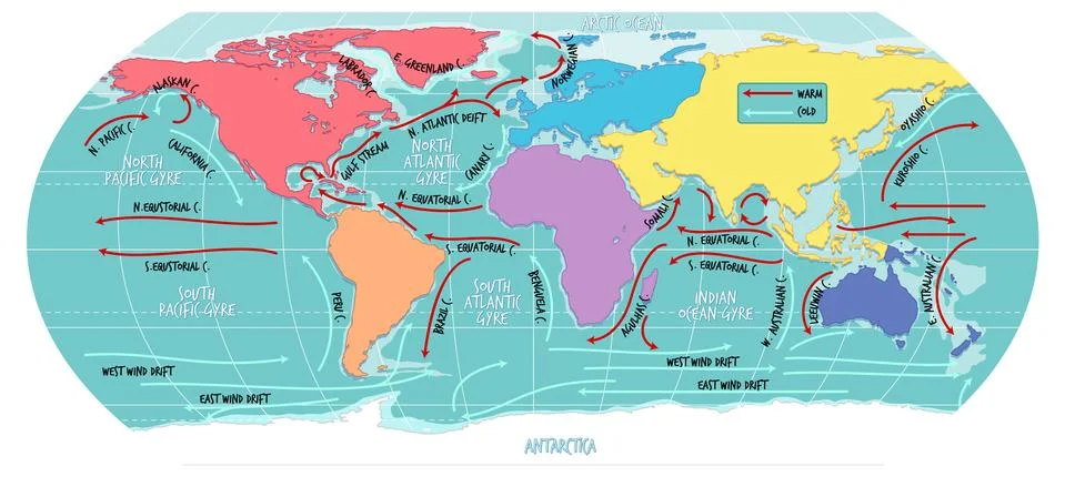 The ocean current world map with names Stock Illustration