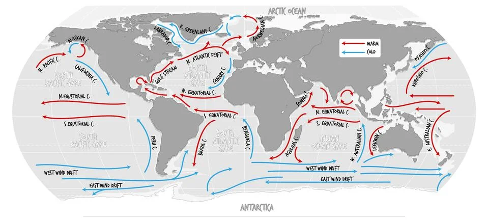 The ocean current world map with names Stock Illustration