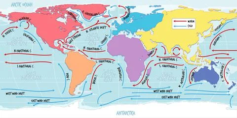 The ocean current world map with names Stock Illustration