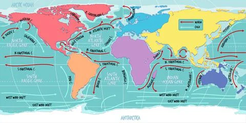 The ocean current world map with names Stock Illustration