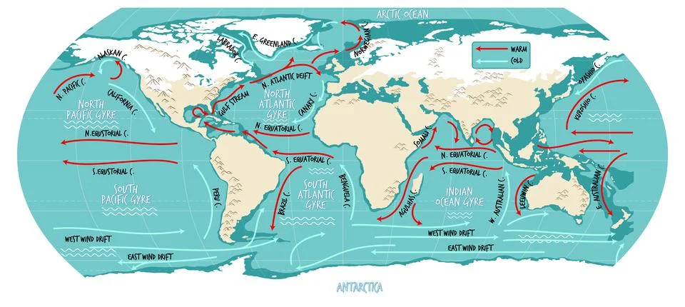The ocean current world map with names Stock Illustration