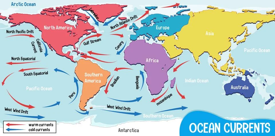 Ocean currents on world map background Stock Illustration
