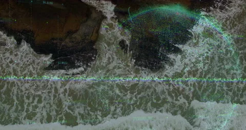 Ocean data visualization being animated from aerial view, with foamy waves and Stock Footage 307432585