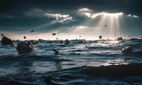 Ocean Debris Under Divine Light - Environmental Crisis Concept Stock Footage 291309625