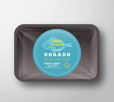 Ocean Dorado Fillets. Abstract Vector Fish Plastic Tray with Cellophane Cover Stock Illustration