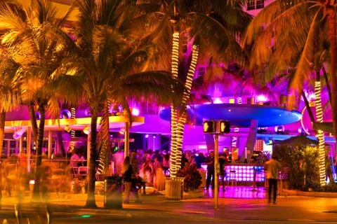 Ocean Drive scene at night lights, Miami beach, Florida. Stock Photos