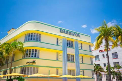 Ocean Drive Street, Architectural Monuments of Art Deco. Hotels and restaurants. Stock Photos