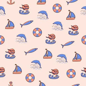 Ocean elements, seamless pattern Stock Illustration