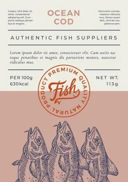 Ocean Fish Abstract Vector Packaging Design or Label. Modern Typography Banner Stock Illustration