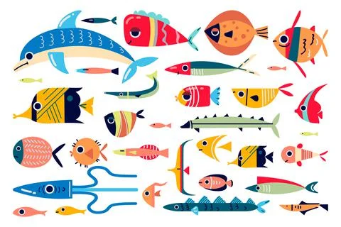 Ocean fish doodle print set Illustrazione stock