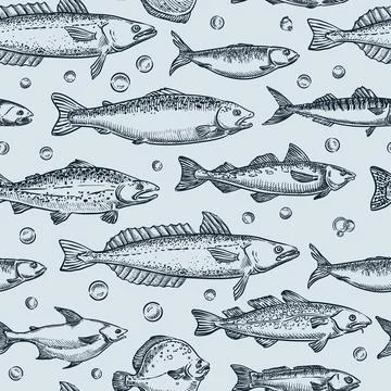 Ocean fishes seamless pattern. Vector hand drawn sketch illustration. Seafood Stock Illustration