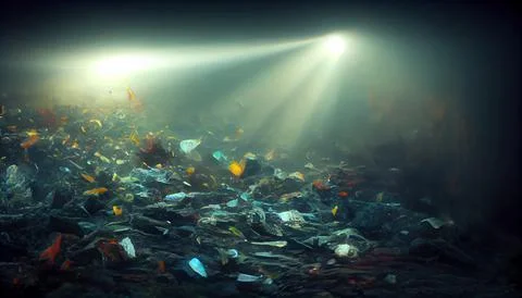Ocean Floor Pollution Full of Trash, Garbage and Plastic Waste Stock Illustration