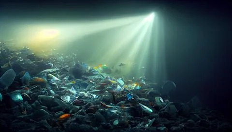 Ocean Floor Pollution Full of Trash, Garbage and Plastic Waste Stock Illustration