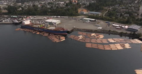 Ocean freighter loading logs for export in Port Alberni Stock Footage 342770749
