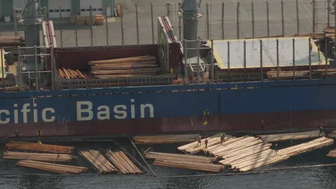 Ocean freighter loading logs for export in Port Alberni Stock Footage 342770757